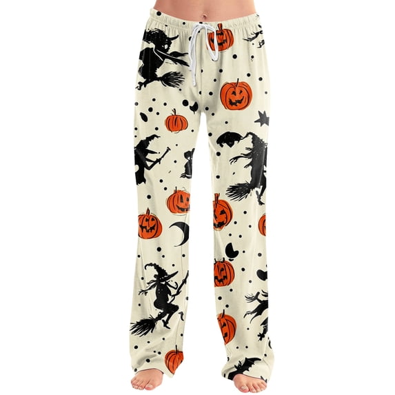 Womens Halloween Pajama Pants Ghost Castle Wide Leg Spooky Sleep Pants Skull Pumpkin Drawstring Horror Pajama Pants, 2XL