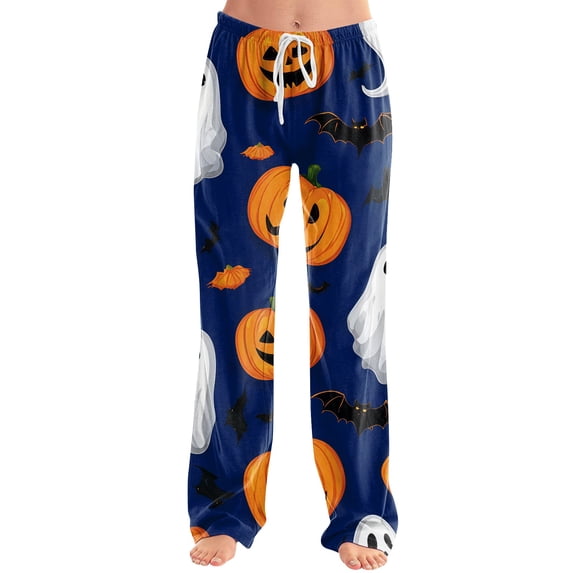Womens Halloween Pajama Pants Ghost Spider Web Elastic High Waist Spooky Sleep Pants Skeleton Skull Drawstring Horror Pajama Pants, XL