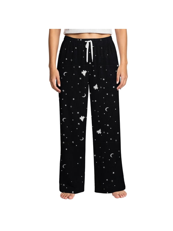 Womens Halloween Pajama Pants Loose Fit Drawstring Lounge Pants with Ghost Moon Star Print Casual Sleepwear