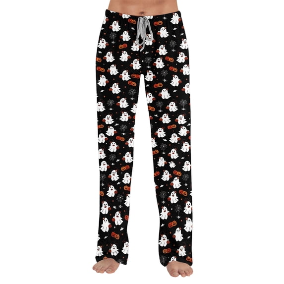 Womens Halloween Pajama Pants Loose Fit Sleep Lounge Bottoms Full Length Pull On Comfy Pjs Straight Leg Homewear with Drawstring Waist Adjustable Comfort Black L
