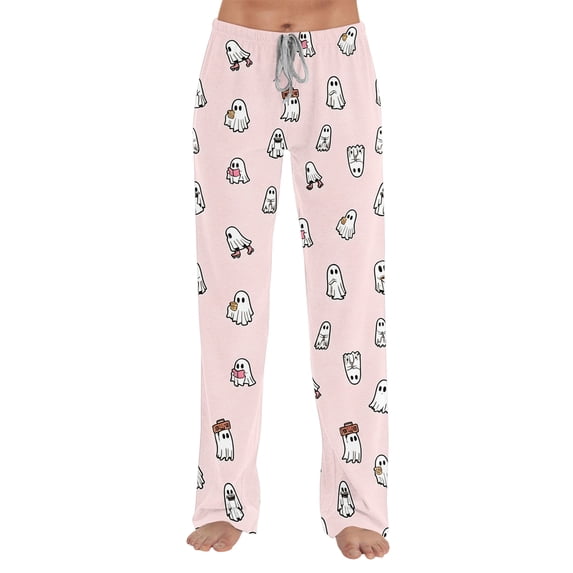 Womens Halloween Pajama Pants Loose Fit Sleep Lounge Bottoms Full Length Pull On Comfy Pjs Straight Leg Homewear with Drawstring Waist Adjustable Comfort Pink M