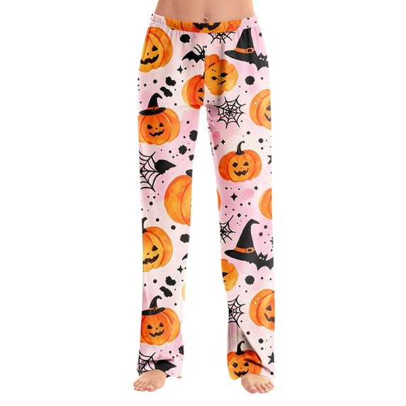 Womens Halloween Pajama Pants Loose Fit Sleep Lounge Bottoms Full Length Straight Leg Pull On Pajamas Elastic Waist No Drawstring Soft Homewear Orange L