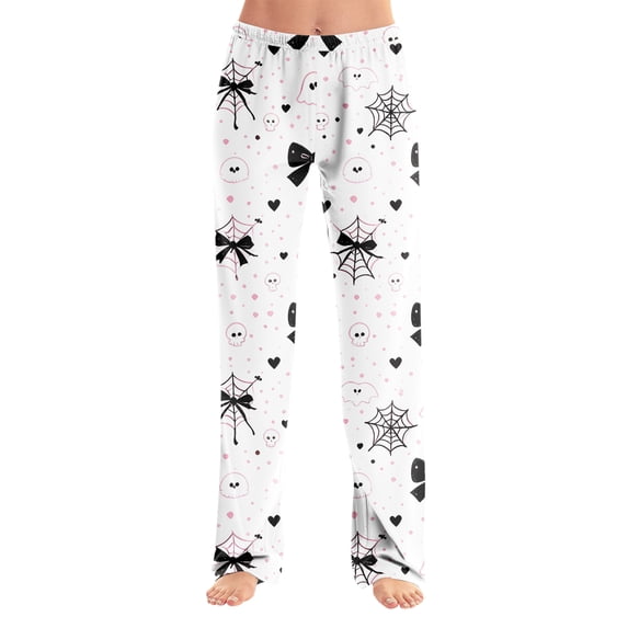 Womens Halloween Pajama Pants Loose Fit Sleep Lounge Bottoms Full Length Straight Leg Pull On Pajamas Elastic Waist No Drawstring Soft Homewear White S