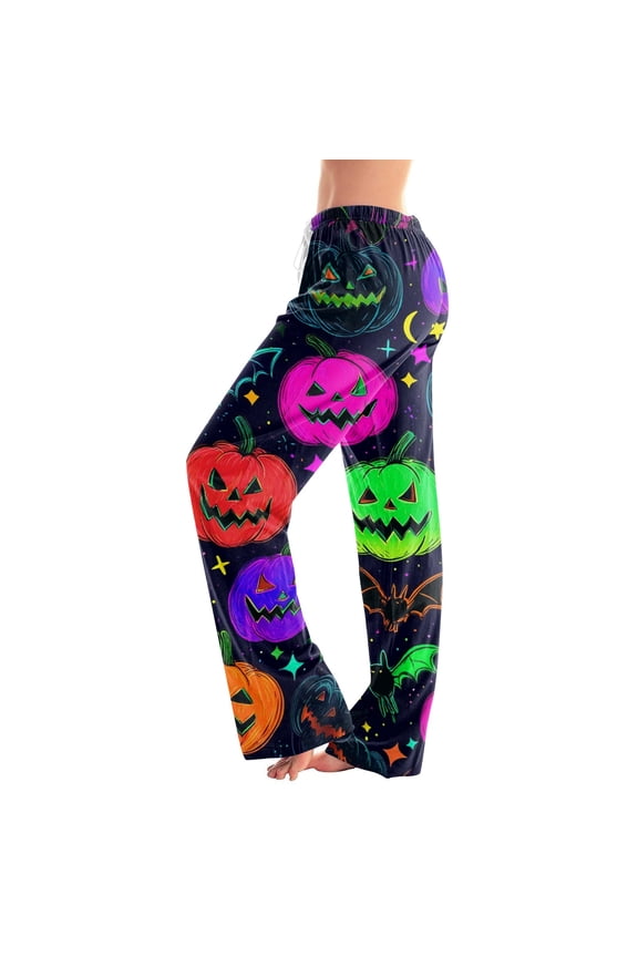 Womens Halloween Pajama Pants Pumpkin Ghost Drawstring Spooky Pajama Pants Skeleton Skull Wide Leg Horror Sleep Pants, M