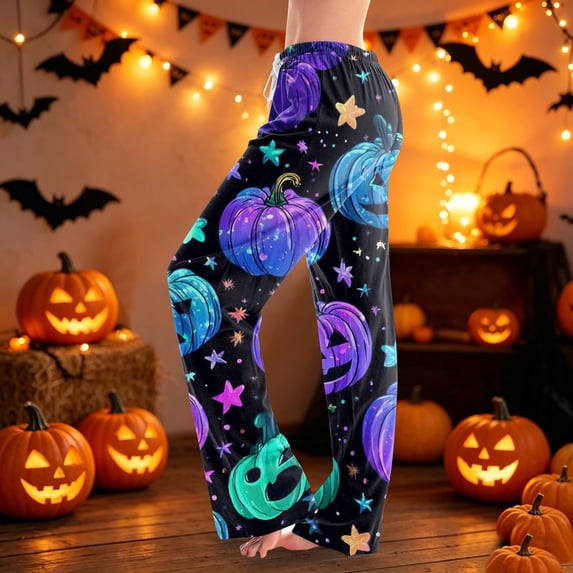 Womens Halloween Pajama Pants Pumpkin Print Elastic Waist Comfy Pjs Lounge Pants