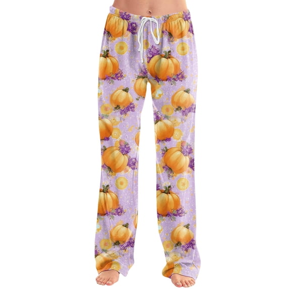 Womens Halloween Pajama Pants Pumpkin Spider Web Elastic High Waist Spooky Pajama Pants Bat Skull Wide Leg Funny Sleep Pants, M