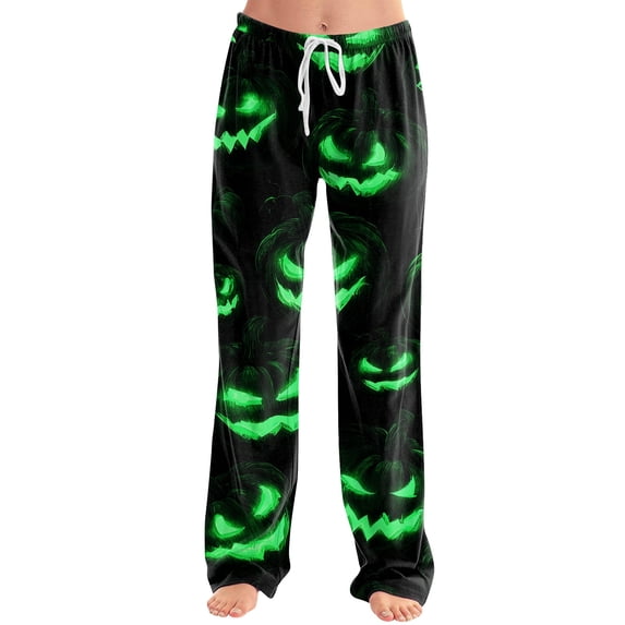 Womens Halloween Pajama Pants Skeleton Spider Web Drawstring Funny Pajama Pants Castle Ghost Elastic High Waist Horror Sleep Pants, L