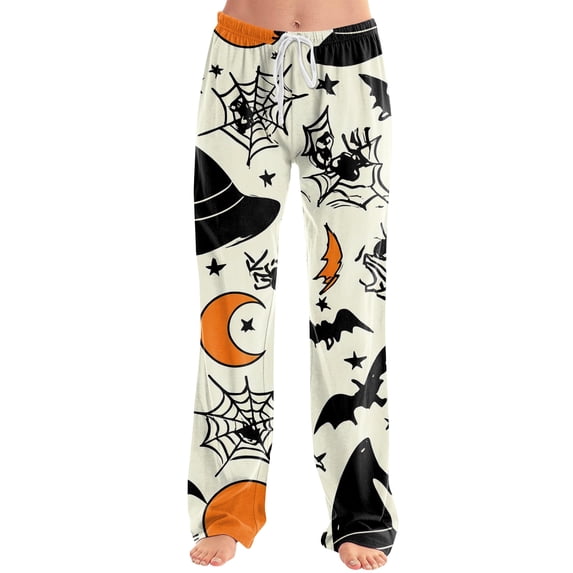 Womens Halloween Pajama Pants Soft Drawstring High Waist Sleepwear Pant Pumpkin Print Graphic Straight Leg Loungewear Bottoms