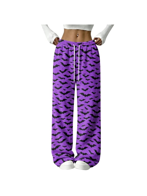 Womens Halloween Pajama Pants Soft Flannel Funny Bat Print Pj Bottoms | Halloween Costumes Women, Drawstring Waist, Straight Wide Leg, Cute Ghost Print, Loose Fit, Lounge, for Sleep Purple,S