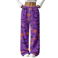 thumbnail image 1 of Womens Halloween Pajama Pants Soft Flannel Funny Bat Print Pj Bottoms | Halloween Costumes Women, Drawstring Waist, Straight Wide Leg, Cute Ghost Print, Loose Fit, Lounge, for Sleep Dark Purple,M, 1 of 6