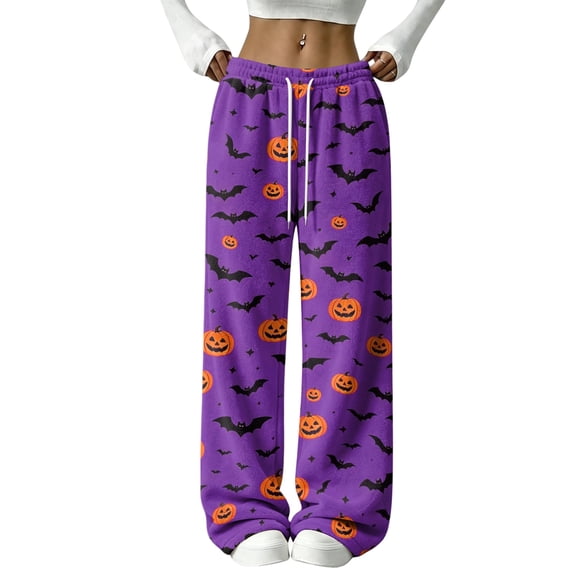 Womens Halloween Pajama Pants Soft Flannel Funny Bat Print Pj Bottoms | Halloween Costumes Women, Drawstring Waist, Straight Wide Leg, Cute Ghost Print, Loose Fit, Lounge, for Sleep Dark Purple,M