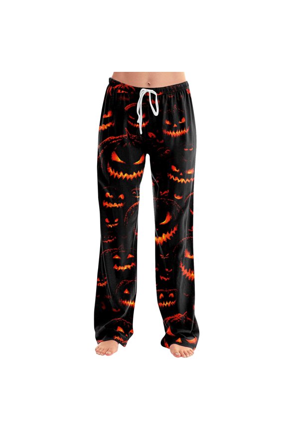 Womens Halloween Pajama Pants Spider Web Candy Drawstring Spooky Pajama Pants Skeleton Witch Hat Wide Leg Funny Sleep Pants, M