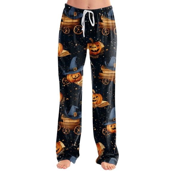 Womens Halloween Pajama Pants Spider Web Pumpkin Wide Leg Spooky Sleep Pants Witch Hat Castle Elastic High Waist Funny Pajama Pants, L