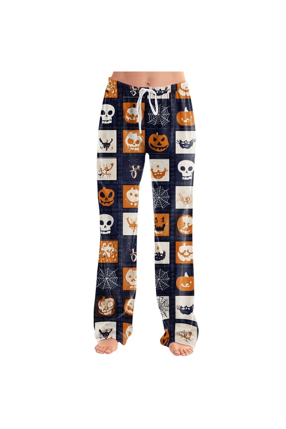 Womens Halloween Pajama Pants Witch Hat Ghost Wide Leg Funny Pajama Pants Bat Castle Drawstring Horror Sleep Pants, M