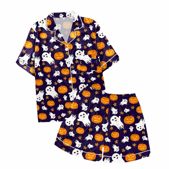 Womens Halloween Pajama Set Relaxed Fit Unlined Cushiony Ghost Graphic Thin Button Short Sleeve Shirts And Shorts 2 Piece Nightwear Womens Lounge Sets
