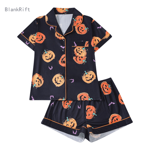 Womens Halloween Pajama Set Smooth Cute Print Collar Short Sleeve Button Up Nightwear and Shorts Lightweight 2 Piece Home Wear Set Relaxed Fit Womens Pj Set
