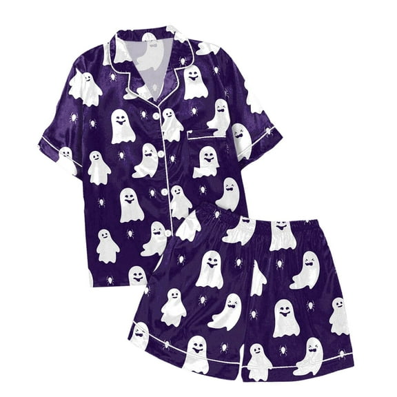 Womens Halloween Pajama Set Weightless Cloud Like Ghost Graphic Button Down Short Sleeve Shirts and Shorts 2 Piece Nightwear Relaxed Fit Women Sleepwear