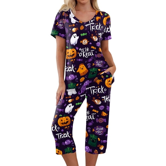 Womens Halloween Pajama Sets Halloween Active 2 Piece Set Women Sleepwear Short Sleeve Top and 7/8 Pants for Light Exercise, Lounge, Parties Purple 3XL
