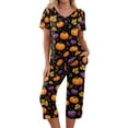 thumbnail image 1 of Womens Halloween Pajama Sets Halloween Active 2 Piece Set Women Sleepwear Short Sleeve Top and 7/8 Pants for Light Exercise, Lounge, Parties Orange S, 1 of 5