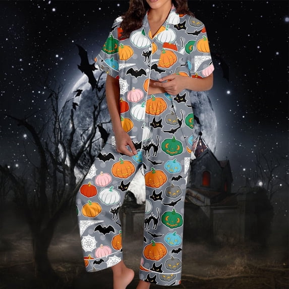 Halloween Pajamas Women Short Sleeve Button Top Matching Wide Leg Pant Set Plus Size Cute Pumpkin