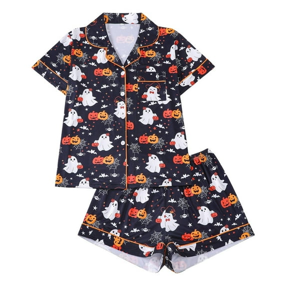 Womens Halloween Pajamas 2 Piece Set Cute Print Smooth Short Sleeve Notch Collar Button Shirt and Shorts Relaxed Fit Cute Lounge Sets