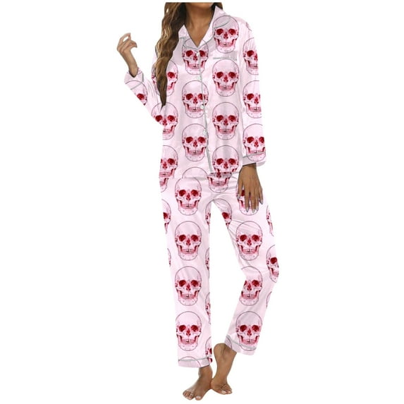 Womens Halloween Pajamas 2 Piece Set Funny Print Long Sleeve Button Sleepwear Soft Long Pants Relaxed Fit Cute Pj Set