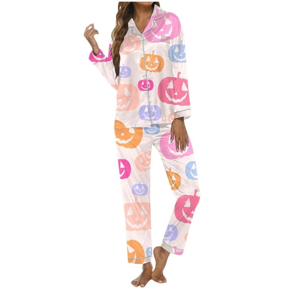 Womens Halloween Pajamas 2 Piece Set Funny Print Long Sleeve Button Sleepwear Soft Long Pants Relaxed Fit Womens Lounge Set