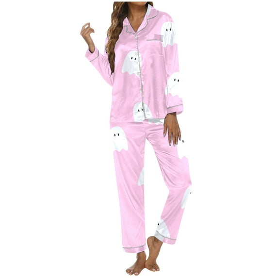 Womens Halloween Pajamas 2 Piece Set Funny Print Long Sleeve Button Sleepwear Soft Long Pants Relaxed Fit Womens Pjs
