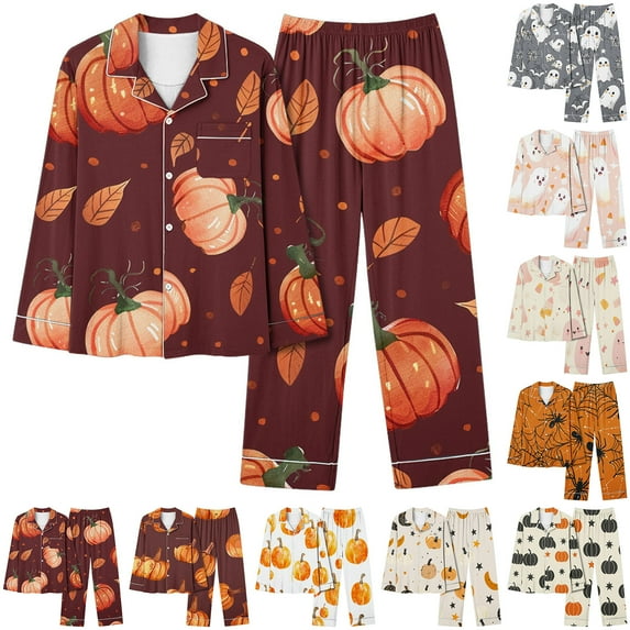 Womens Halloween Pajamas Casual Full Theme Printed 2 Pc Long Sleeve Pocket Button Down Lapel Shirts Loose Pants Soft Fall Winter Nightwear Silk Relaxation Women's Loungewear Sets Pink XXL