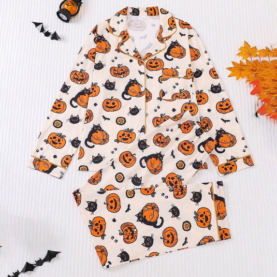 Womens Halloween Pajamas Full Cat Pumpkin Printed Long Sleeve Pocket Button Down Lapel Shirts Loose Casual Pants 2 Pc Soft Fall Winter Sleepwear Comfort Womens Loungewear Set White S