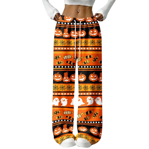 Womens Halloween Pajamas Funny Pumpkin Ghost Print Flannel Sleepwear Casual Elastic Waist Wide Leg Bottoms Pjs