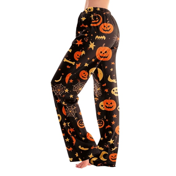 Womens Halloween Pajamas Funny Pumpkin Print Wide Leg Pajama For Women Halloween Elastic Waist Comfy Lounge Pants