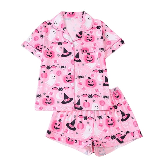 Womens Halloween Pajamas Long Sleeved Button Top Matching Lounge Pant Loose Casual Short Sleeve Top with Elastic Waist Shorts 2 Piece Loungewear Sleepwear