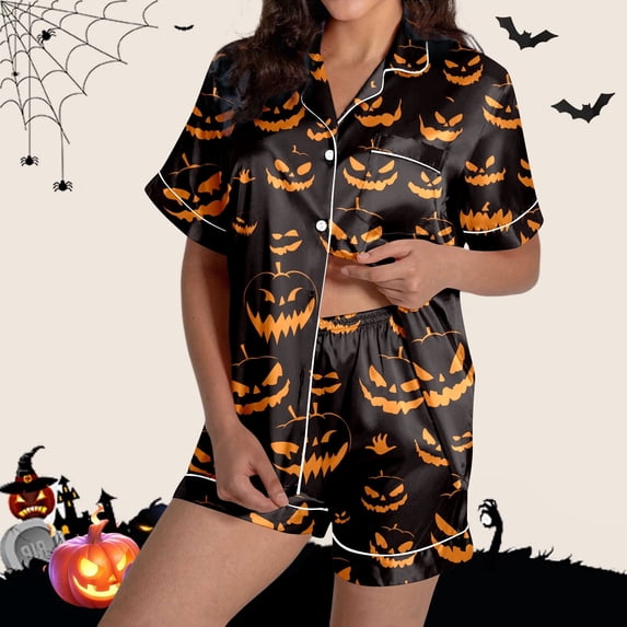 Womens Halloween Pajamas Pumpkin Printed Short Sleeve Pocket Button Down Lapel Shirts Loose Shorts 2 Pc Sleepwear Comfy Nightwear Silk Casual Women's Loungewear Sets Black L