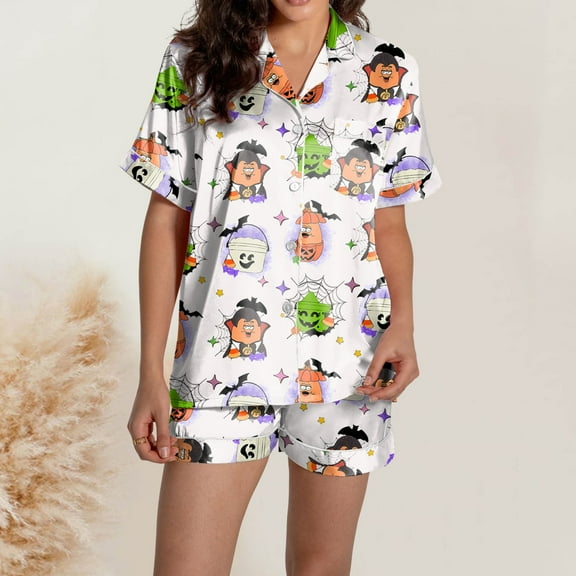 Womens Halloween Pajamas Set Graphic Print Button V Neck Shorts Sleeve Loungewear Loose Fit Lightweight 2 Piece Outfits Sleepwear Sets