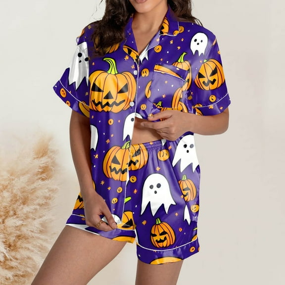 Womens Halloween Pajamas Set Graphic Print Button V Neck Shorts Sleeve Loungewear Loose Fit Lightweight Two Piece Holiday Sleepwear Set