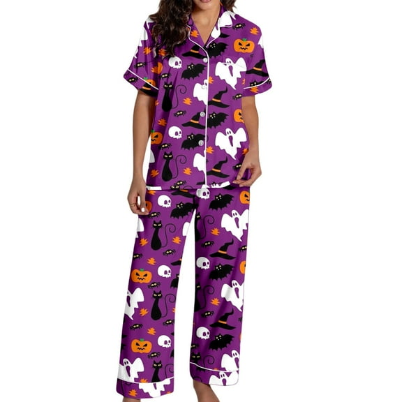 Womens Halloween Pajamas Set Lightweight Loose Fit Ghost Pumpkin Print Button down Short Sleeve with Pants Outfits Soft Comfy Summer Jammies 2 Piece Lounge Set