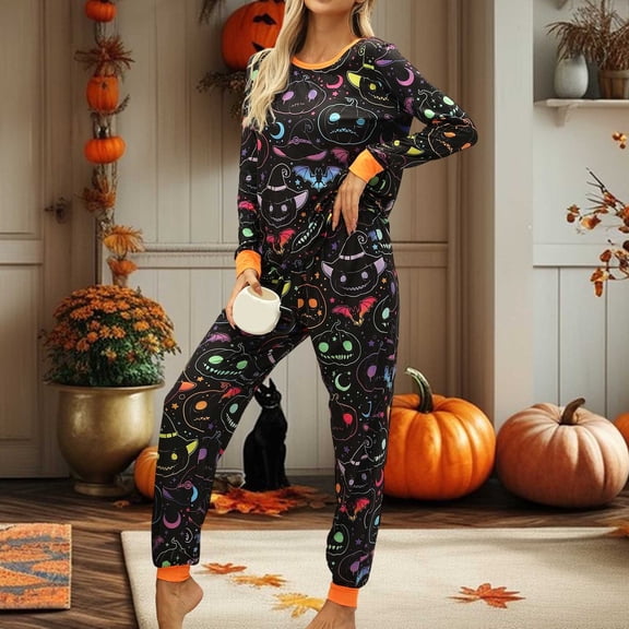 Womens Halloween Pajamas Set Loose Fit Pumpkin Graphiced Crew Neck Long Sleeve Shirts And Pants Loungewear Sets Soft Lightweight Two Piece Holiday Sleepwear Set