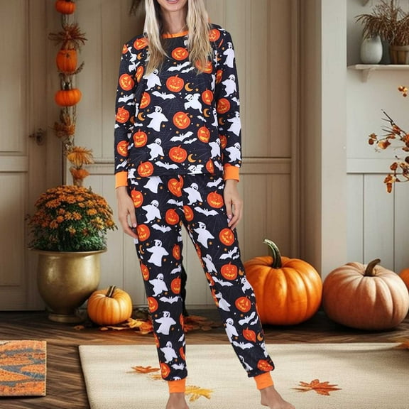 Womens Halloween Pajamas Set Loose Fit Pumpkin Graphiced Crew Neck Long Sleeve Shirts And Pants Loungewear Sets Soft Lightweight Two Piece Holiday Sleepwear Set