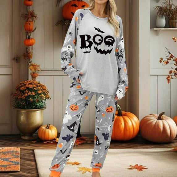 Womens Halloween Pajamas Set Loose Fit Pumpkin Graphiced Crew Neck Long Sleeve Shirts And Pants Loungewear Sets Soft Lightweight Two Piece Holiday Sleepwear Set