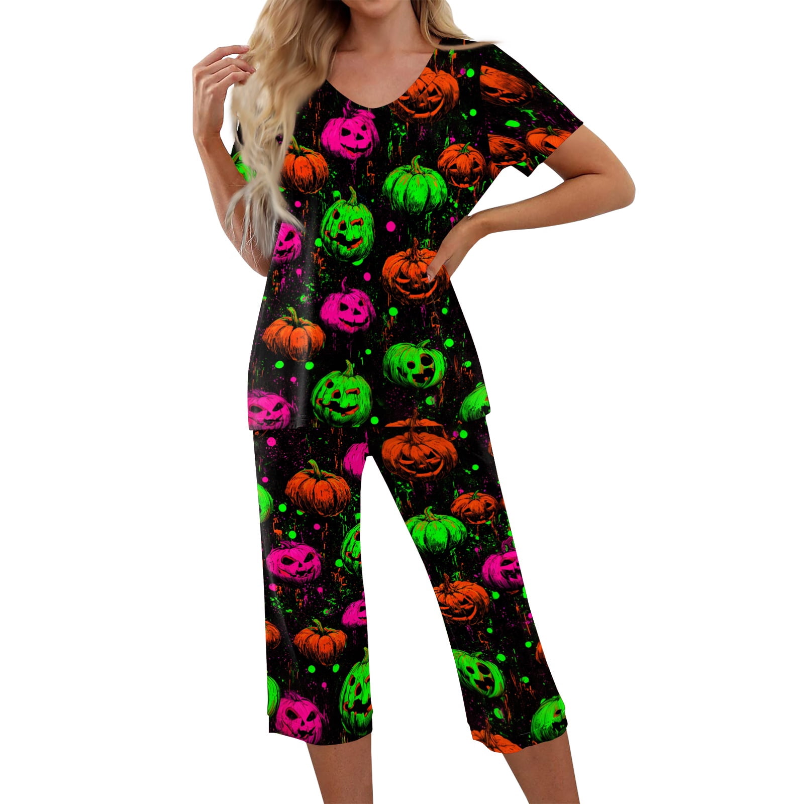 Short Notes Paper Womens Halloween Pajamas Set Lounge Sleepwears Funny Pumpkins Printed ...