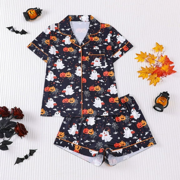 Womens Halloween Pajamas Set Pumpkin Graphic Casual Style Notch Collar Button Short Sleeve Shirt And Shorts Loungewear Lightweight Two Piece Holiday Sleepwear Set
