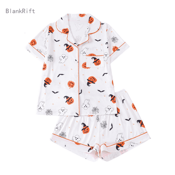 Womens Halloween Pajamas Set Smooth Cute Print Collar Short Sleeve Button Up Nightwear and Shorts Lightweight 2 Piece Home Wear Set Relaxed Fit Lounge Sets for Women