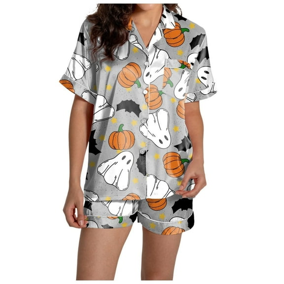 Womens Halloween Pajamas Set Smooth Lightweight Pumpkin Graphic Button Down Short Sleeve Shirts and Shorts Minimalist 2 Piece Nightwear Women Sleepwear