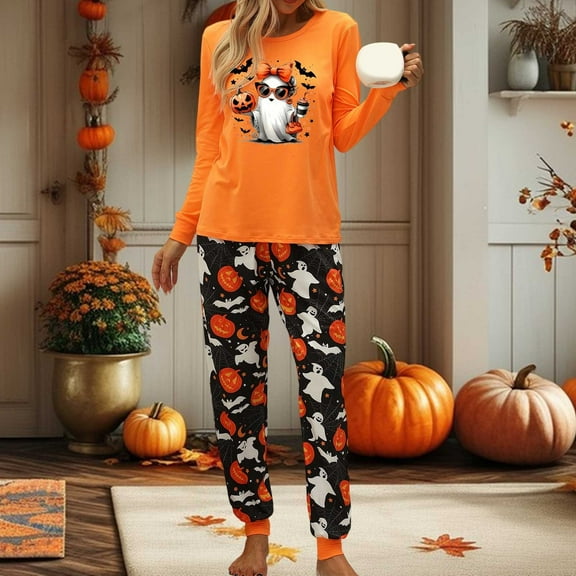 Womens Halloween Pajamas Set Soft Lightweight Pumpkin Graphiced Crew Neck Long Sleeve Loungewear Loose Fit 2 Piece Outfits Sleepwear Sets