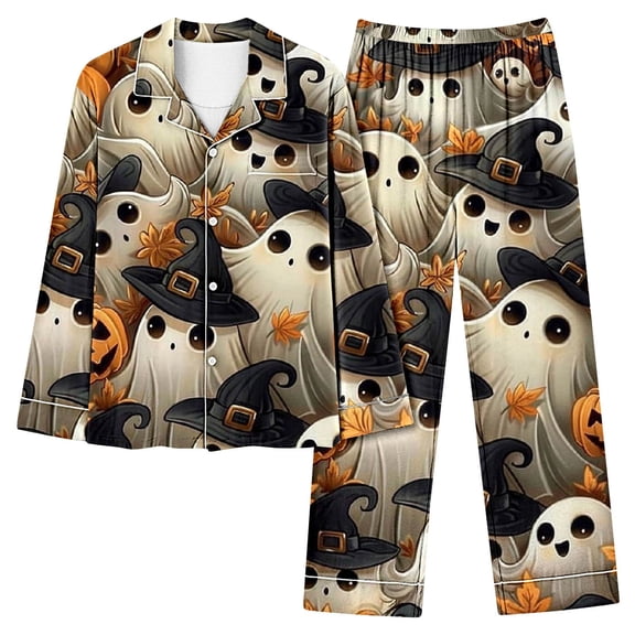 Womens Halloween Pajamas Sets Long Sleeve Turndown Collar Button Sleepwear Elastic Waist Pockets Pants Fashion Printed Loungewear Set Gray L