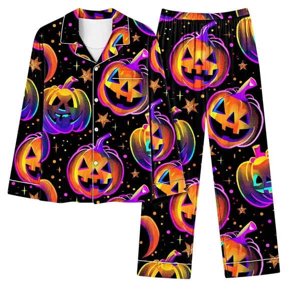 Womens Halloween Pajamas Sets Long Sleeve Turndown Collar Button Sleepwear Elastic Waist Pockets Pants Fashion Printed Loungewear Set Purple L