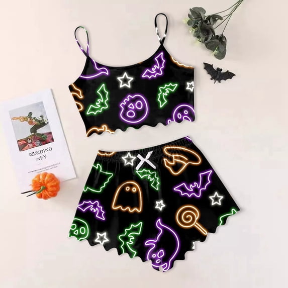 Womens Halloween Pajamas Silk Satin Sleepwear Set Sleeveless Camisole Top with Shorts Soft Loungewear Pajama Set Women Purple M