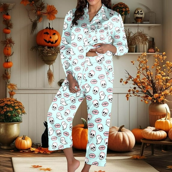 Womens Halloween Pajamas Theme Full Printed 2 Pc Cute Long Sleeve Pocket Button Down Lapel Shirts Loose Casual Pants Cute Cozy Fall Winter Silk Nightwear Relaxation Womens Loungewear Set Mint Green L