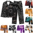 thumbnail image 1 of Womens Halloween Pajamas Theme Full Printed Long Sleeve Pocket Button Down Lapel Shirts Loose Casual Pants 2 Pc Home Fall Winter Sleepwear Comfy Silk Loungewear Sets Woman Orange M, 1 of 3